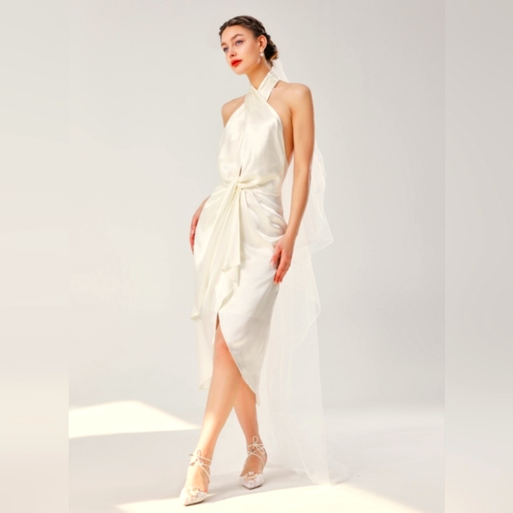 Elegant Ivory Halter Midi Dress with Knot Detail